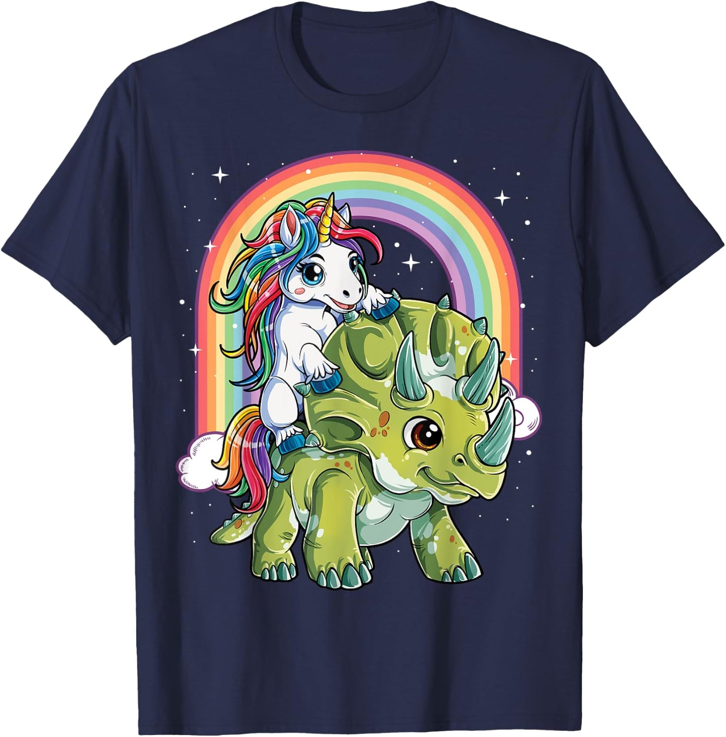 Unicorn Riding Dinosaur Triceratops Boys Kids Girls Rainbow T-Shirt - T-Shirt | Navy