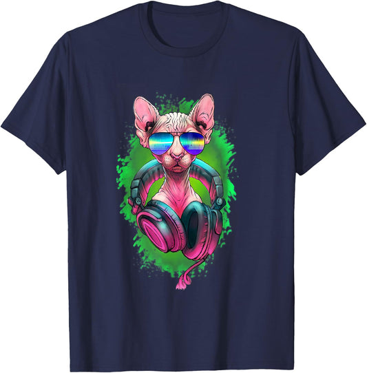 Rave Sphynx EDM Kitty DJ Kitten Cat Hairless Lovers Owner T-Shirt - T-Shirt | Navy