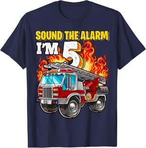 Sound the Alarm I'm 5 5th Birthday Fireman Firetruck Boys T-Shirt - T-Shirt | Navy
