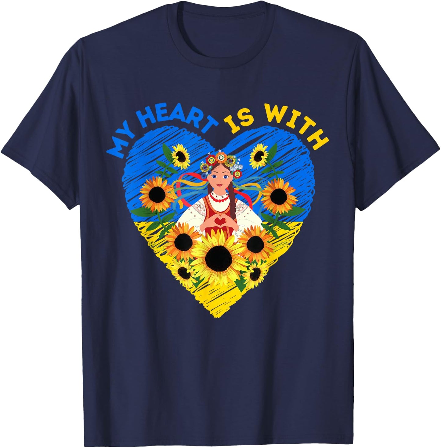 MY HEART IS WITH UKRAINE, Ukrainian Flag Traditional Women T-Shirt - T-Shirt | Navy