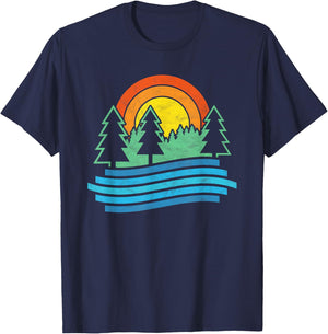 Outdoors Tree & River Design Vintage Nature Shirt T-Shirt - T-Shirt | Navy