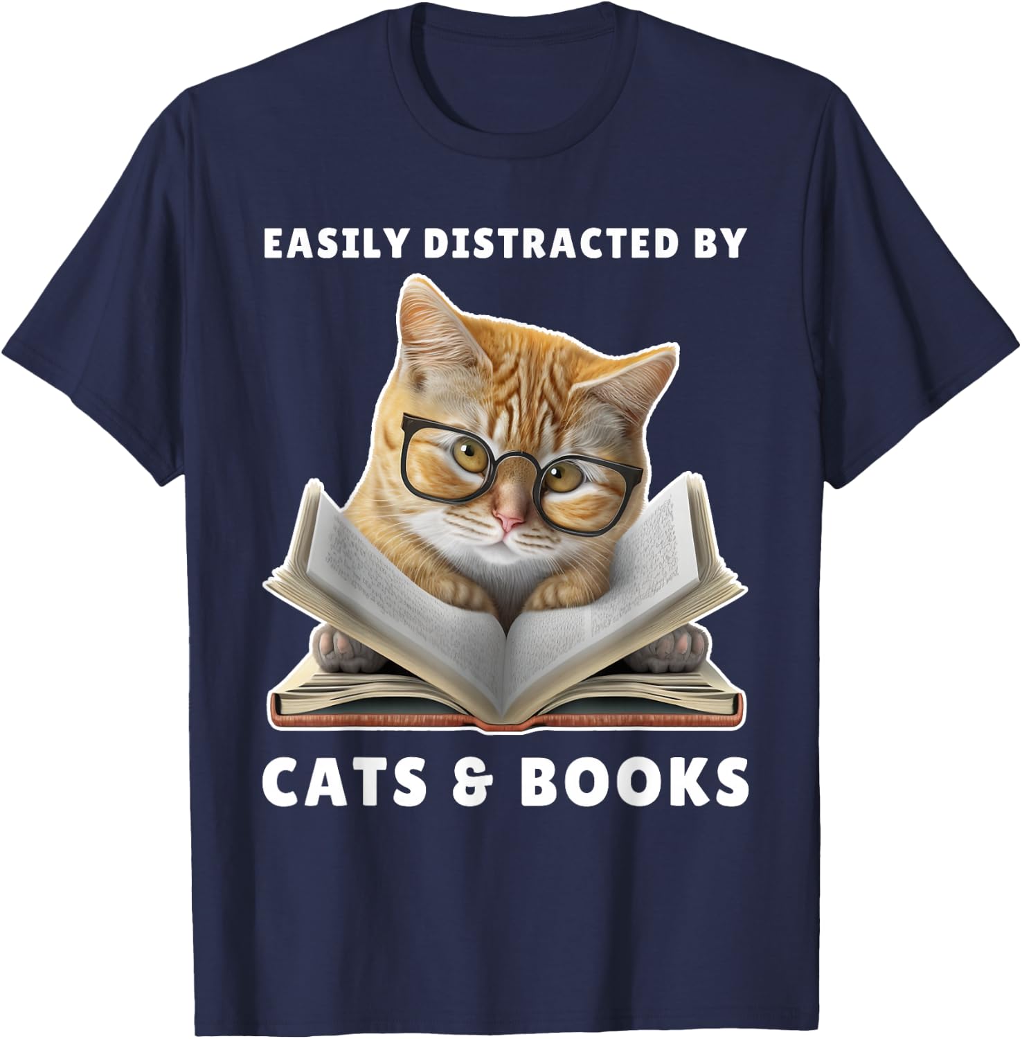 Easily Distracted by Cats and Books Cat Book Lover Club T-Shirt - T-Shirt | Navy