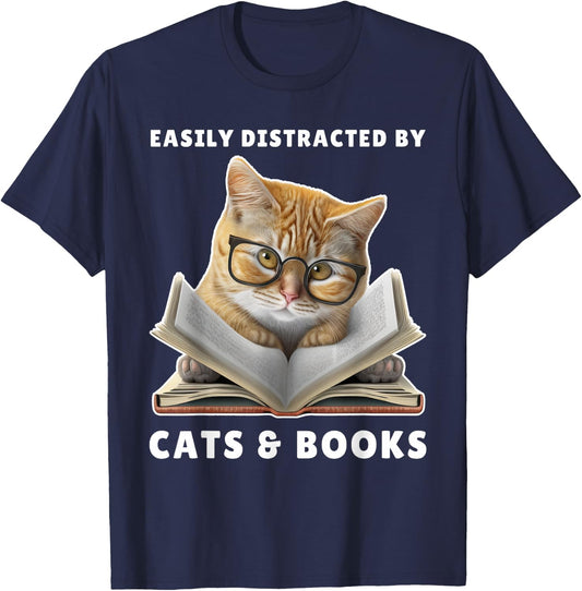 Easily Distracted by Cats and Books Cat Book Lover Club T-Shirt - T-Shirt | Navy