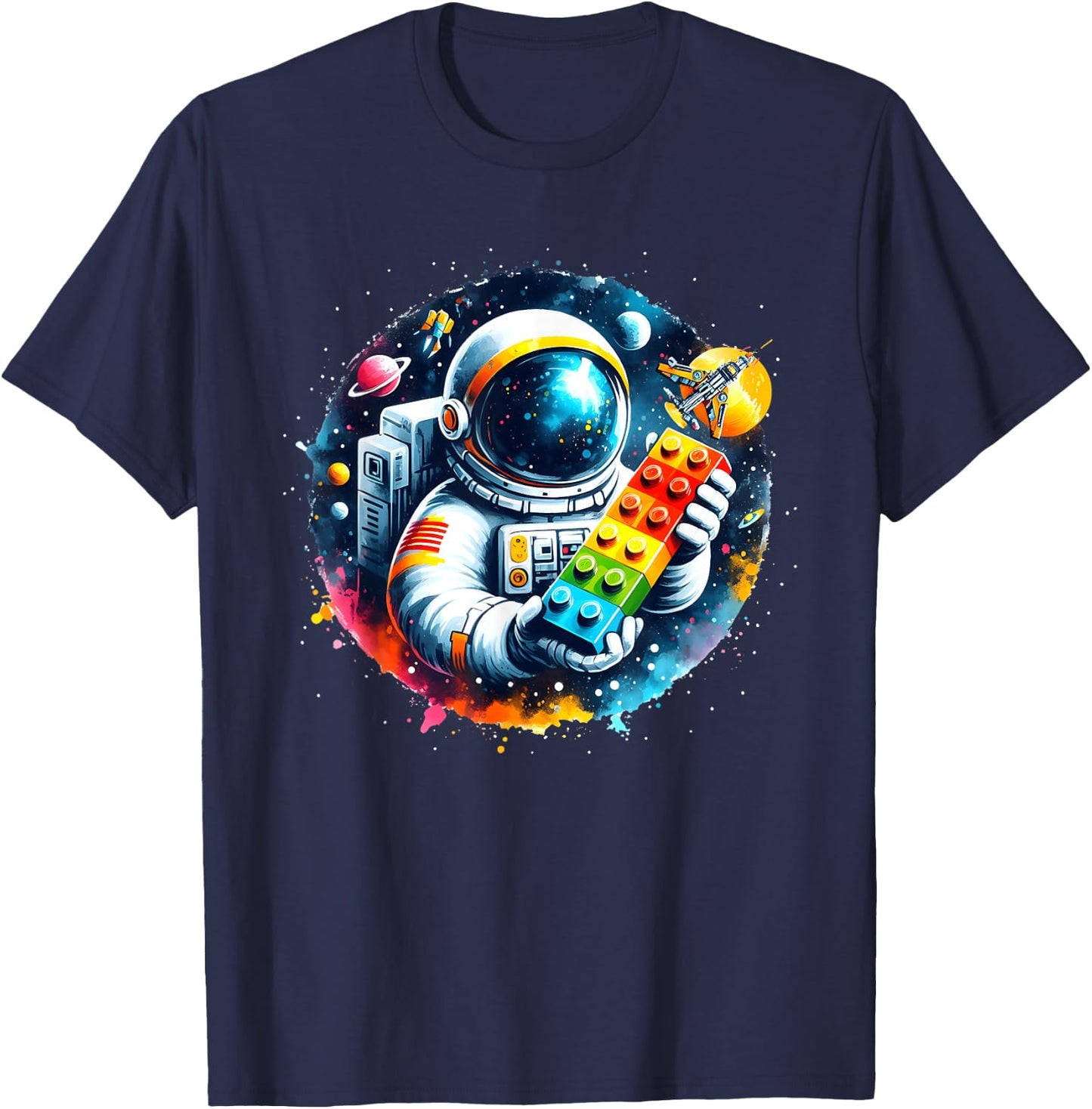 Astronaut Moon Space Shirt Galaxy Shirt Building Blocks STEM T-Shirt - T-Shirt | Navy