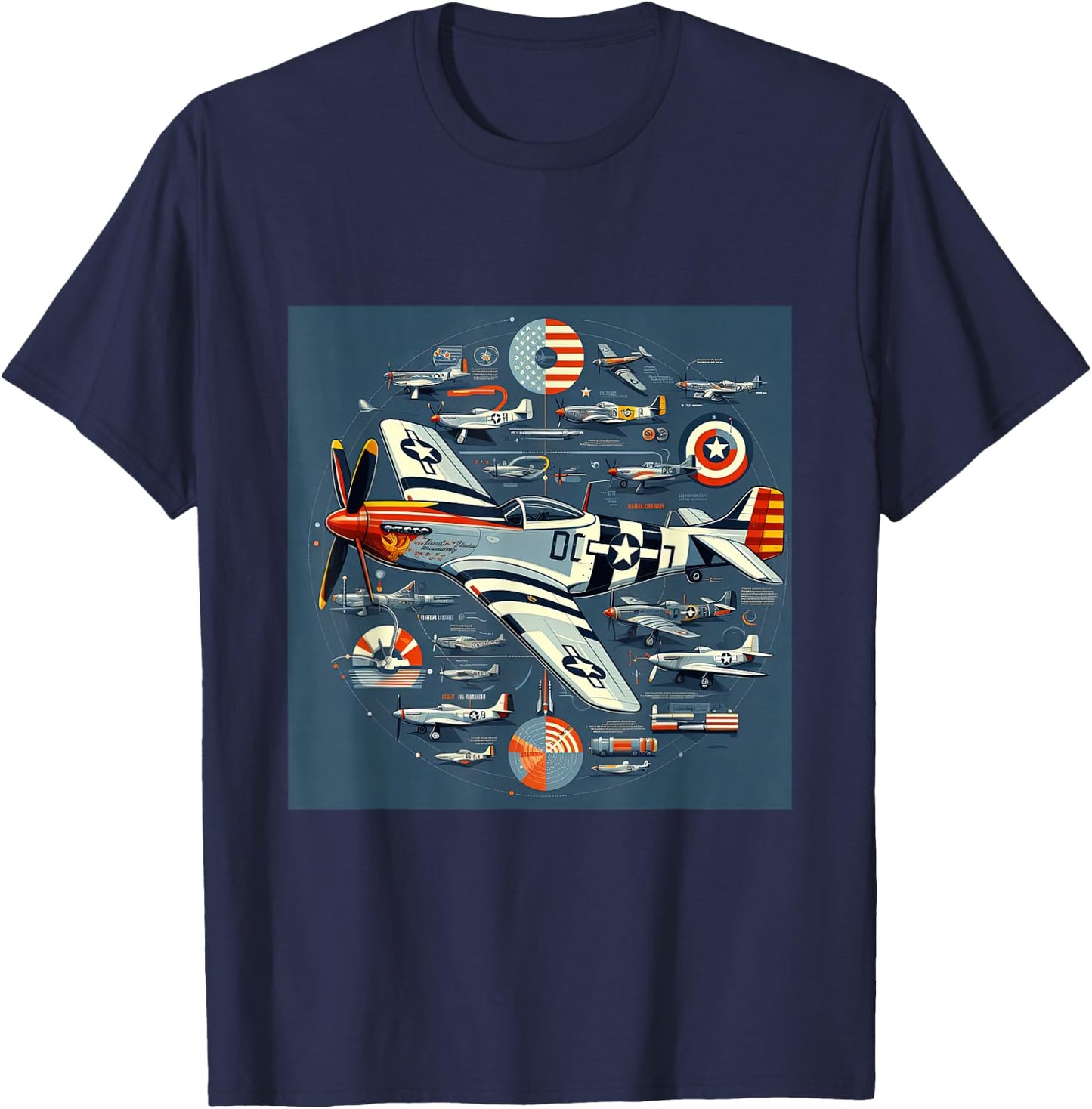P51 Mustang WW2 Warplane Airplane Infographics T-Shirt - T-Shirt | Navy