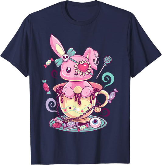Kawaii Pastel Goth Cute Creepy Rabbit Menhera Occult Bunny T-Shirt - T-Shirt | Navy