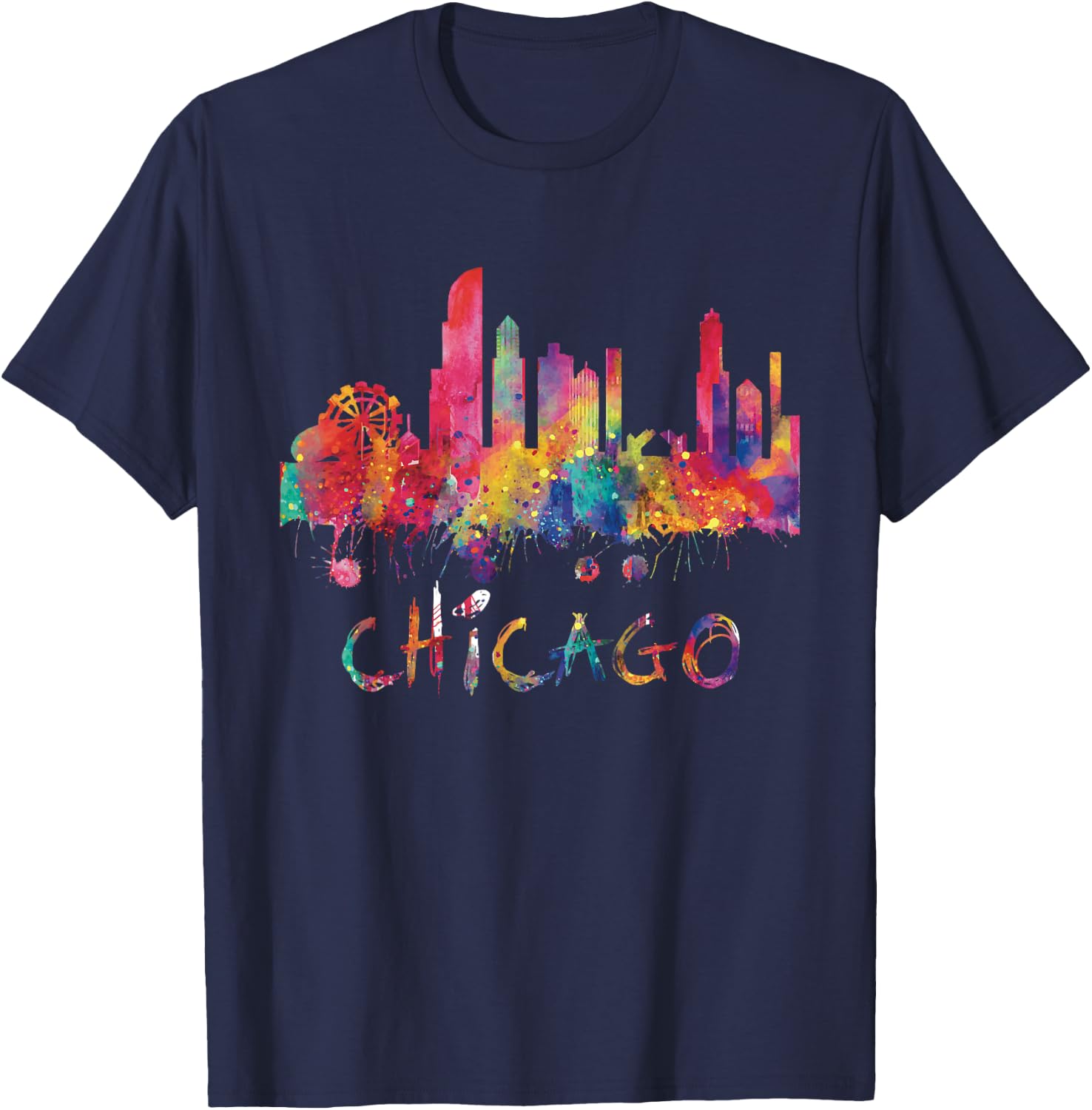 Chicago Skyline Cityscape Watercolor Chicago Flag Illinois T-Shirt - T-Shirt | Navy