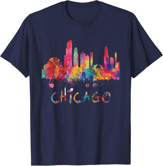 Chicago Skyline Cityscape Watercolor Chicago Flag Illinois T-Shirt - T-Shirt | Navy