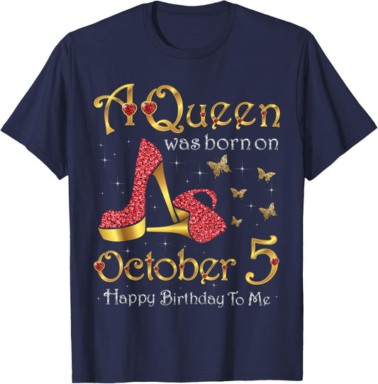 A Queen Was Born on October 5, 5th October Birthday T-Shirt - T-Shirt | Navy