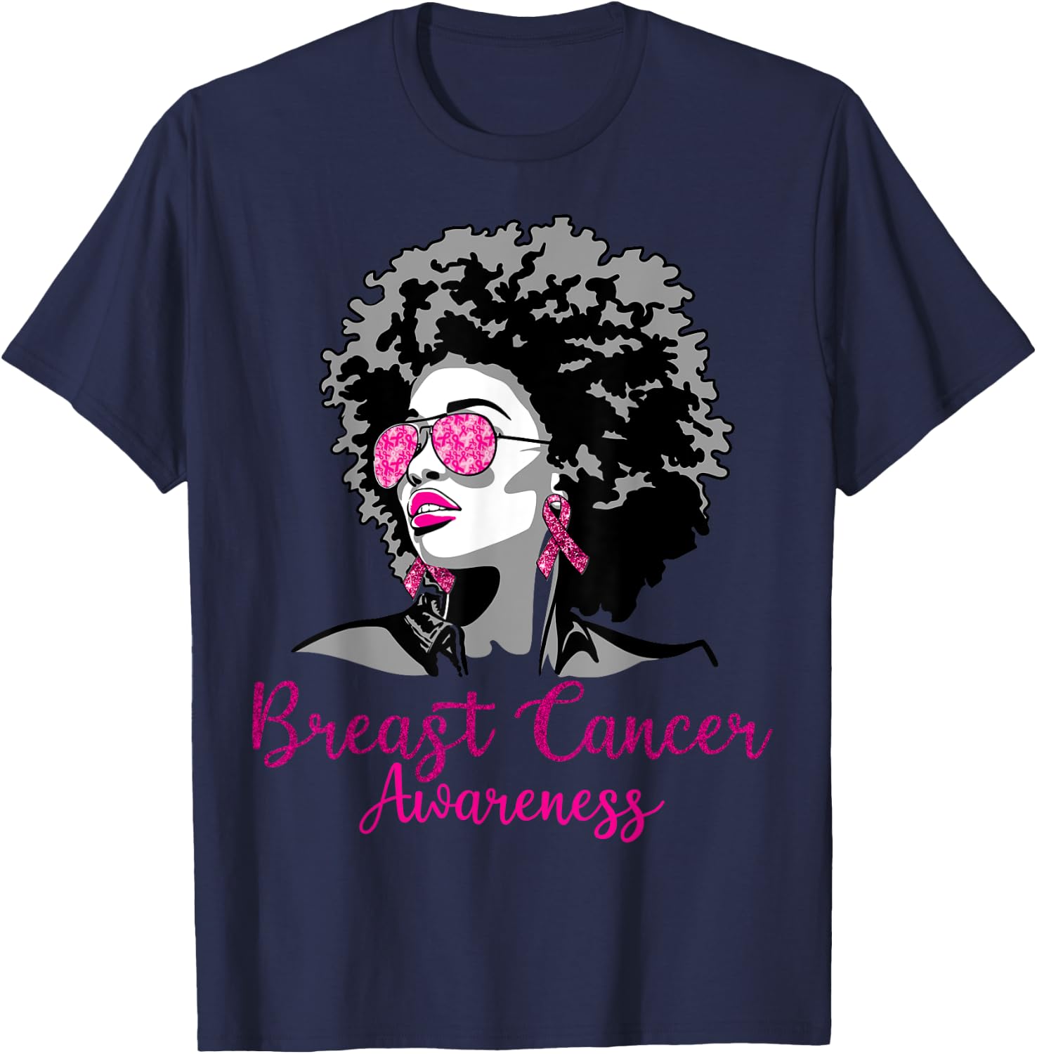 Afro African American Breast Cancer Awareness Black T-Shirt - T-Shirt | Navy