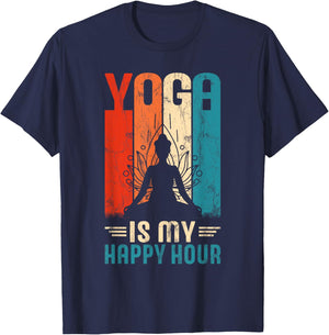 Retro Yoga Graphic Funny Saying Yoga Is My Happy Hour T-Shirt - T-Shirt | Navy