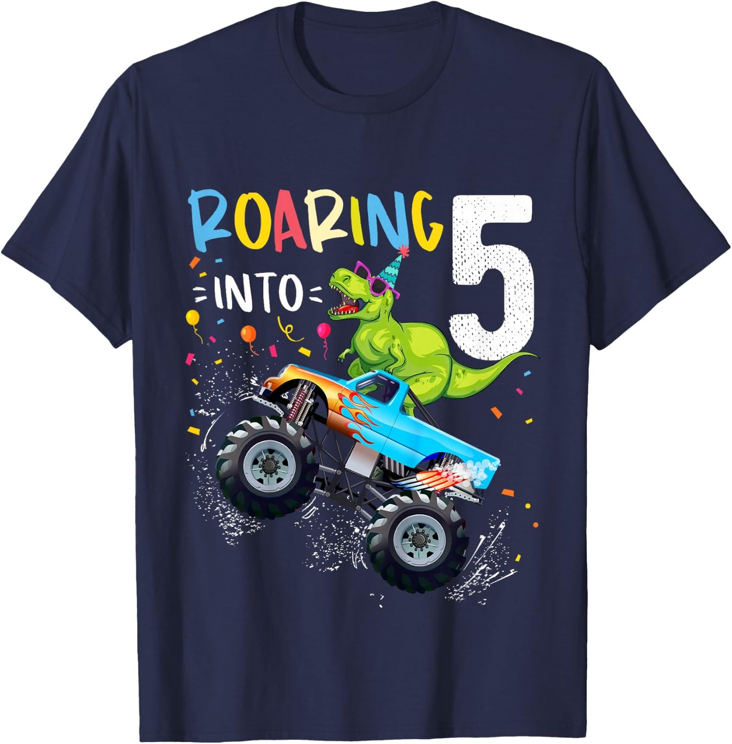 5th Birthday T Rex Dinosaur Monster Truck Boys and Girls T-Shirt - T-Shirt | Navy