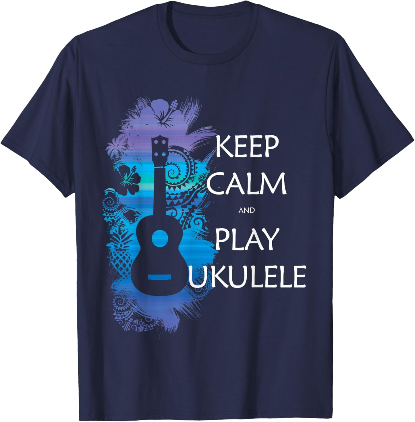 Keep Calm and Play Ukulele Tribal Colour T-Shirt - T-Shirt | Navy