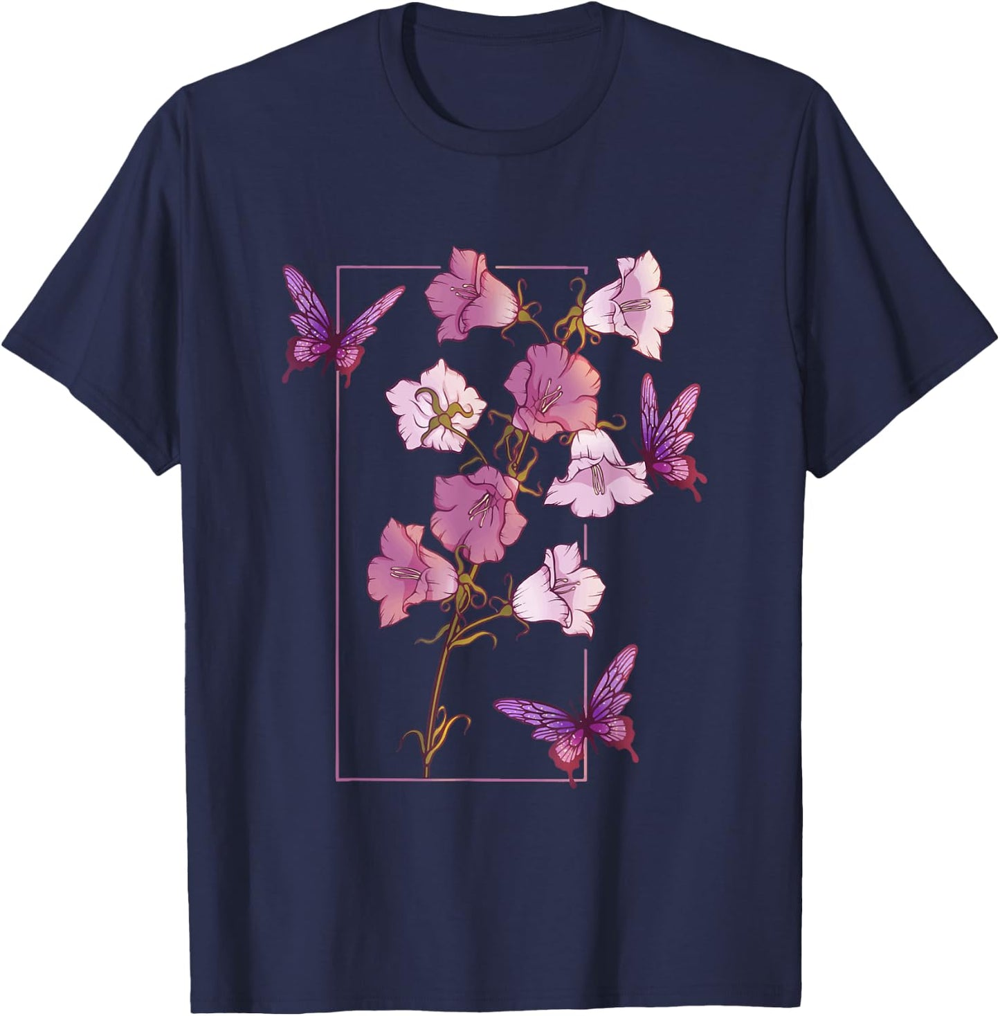 Floral Flower Bellflower Campanula Butterflies Wildflower T-Shirt - T-Shirt | Navy