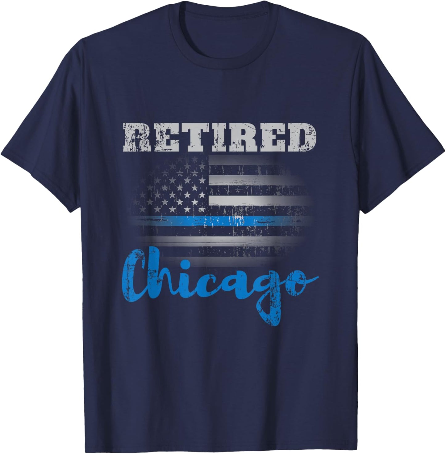 Retired Police Officer Chicago American Flag Design T-Shirt - T-Shirt | Navy