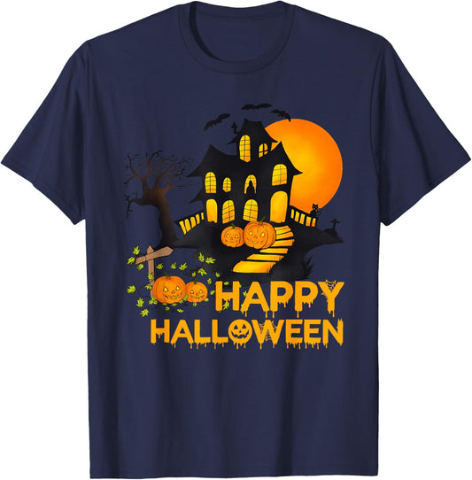 Happy Halloween Spooky Pumpkin Haunted House Men Women Kids T-Shirt - T-Shirt | Navy