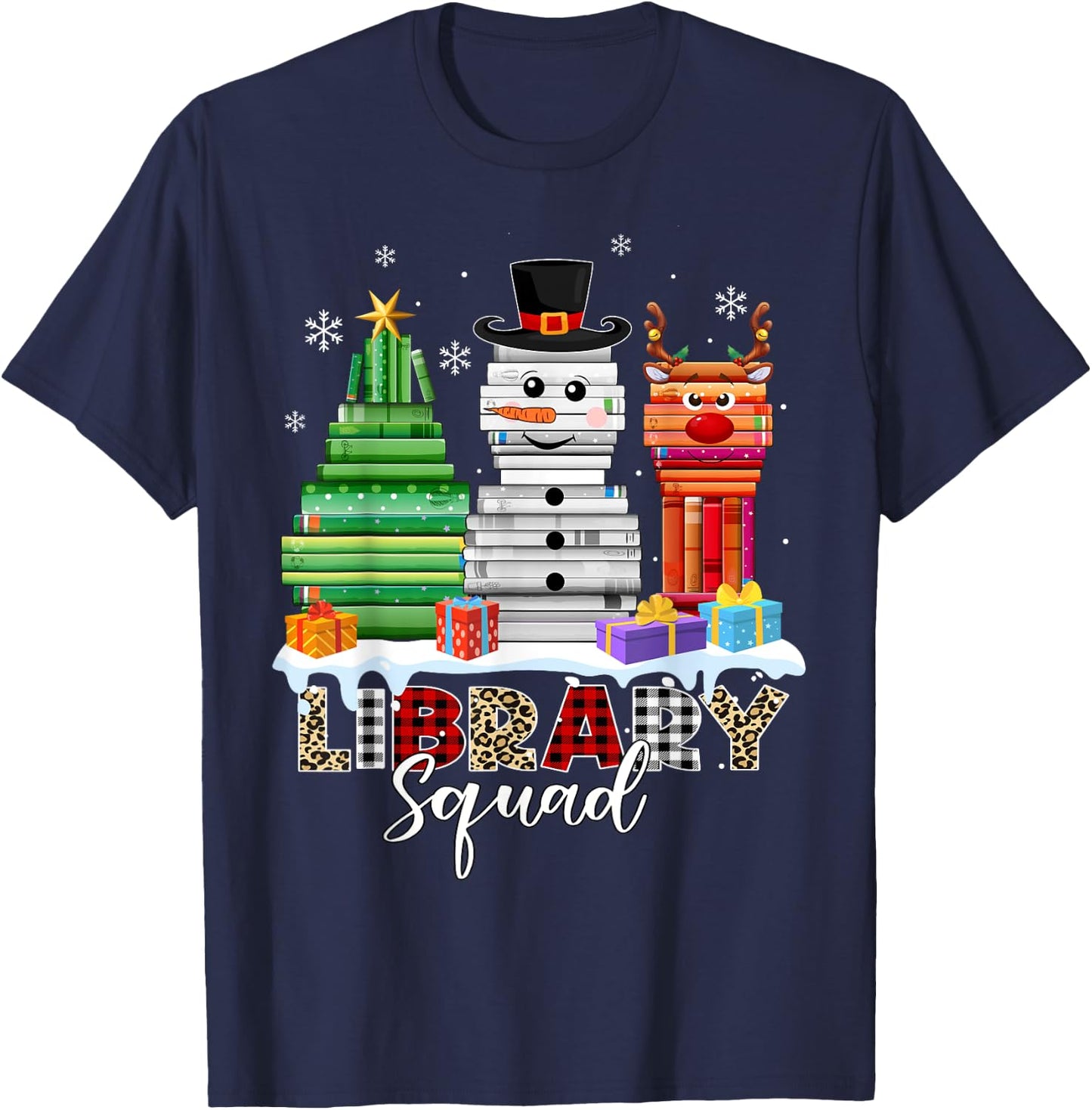 Christmas Librarian Books Xmas Tree Snowman Reindeer Library T-Shirt - T-Shirt | Navy