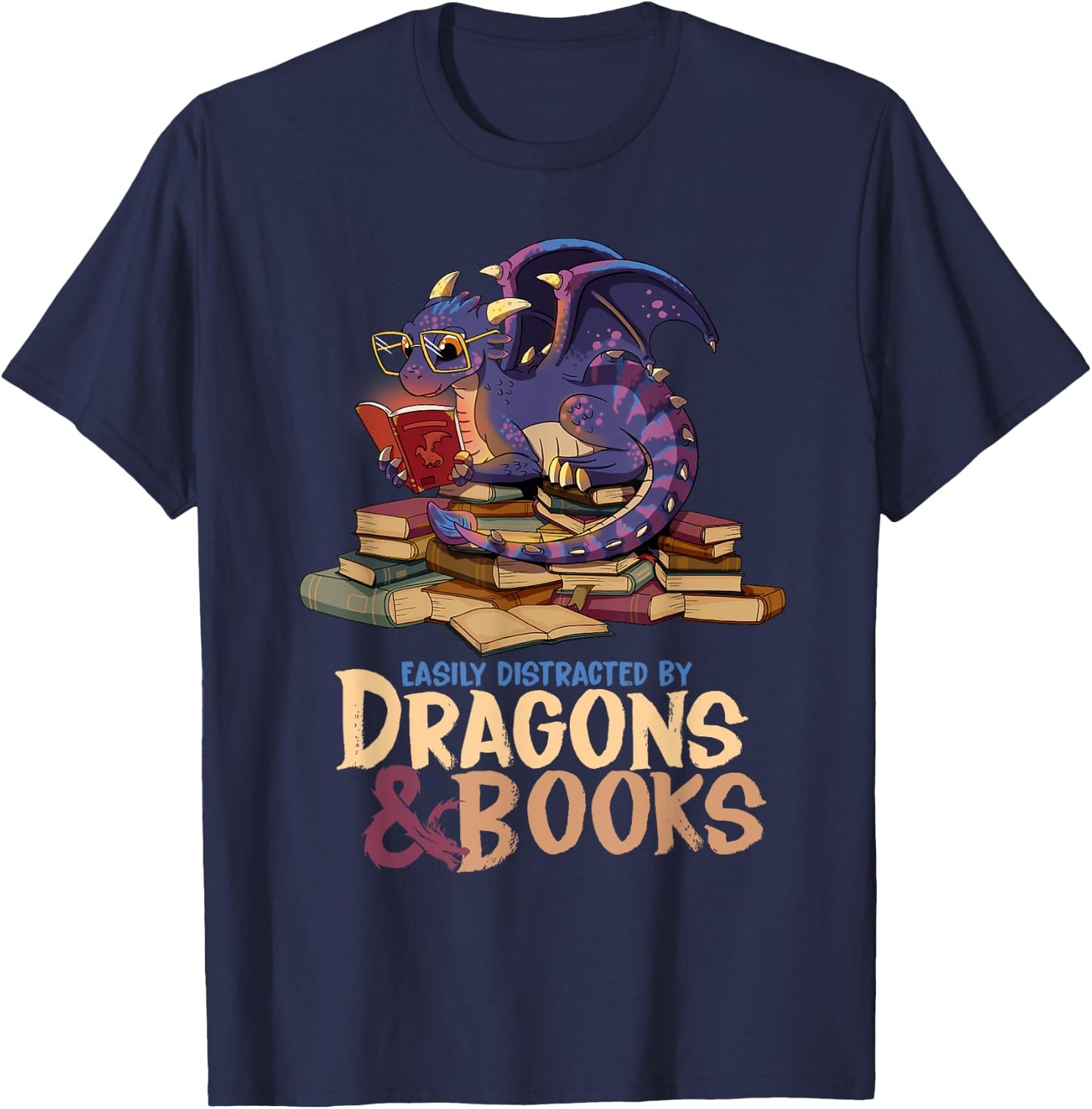 Easily Distracted By Dragons And Books Dragon Book Lover T-Shirt - T-Shirt | Navy