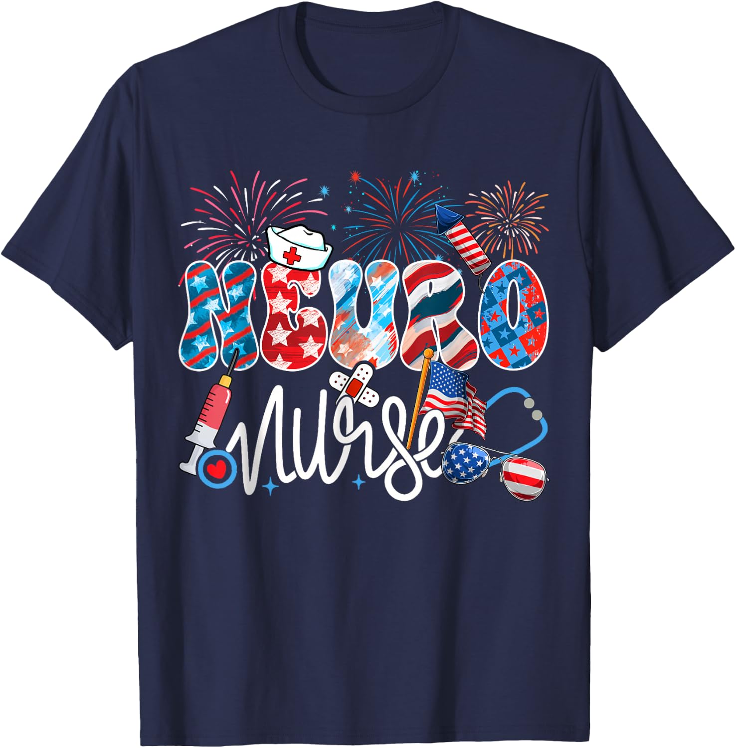 Neuro Nurse Patriotic USA Flag Stethoscope Funny 4th of July T-Shirt - T-Shirt | Navy
