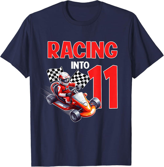 11th Bday Boy Racing Into 11 Year Old Go Kart Themed Party T-Shirt - T-Shirt | Navy
