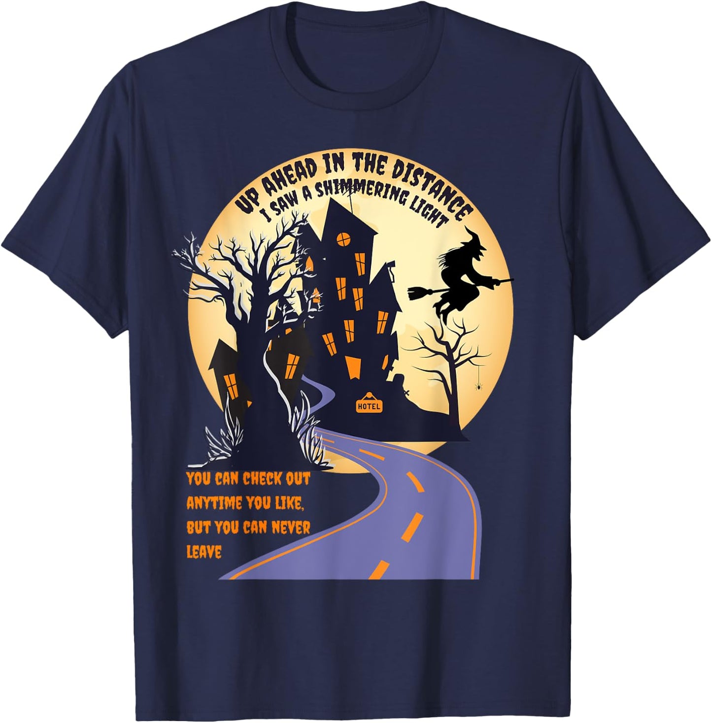 Witch riding broom on a dark/desert high way halloween moon T-Shirt - T-Shirt | Navy