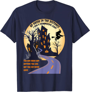 Witch riding broom on a dark/desert high way halloween moon T-Shirt - T-Shirt | Navy