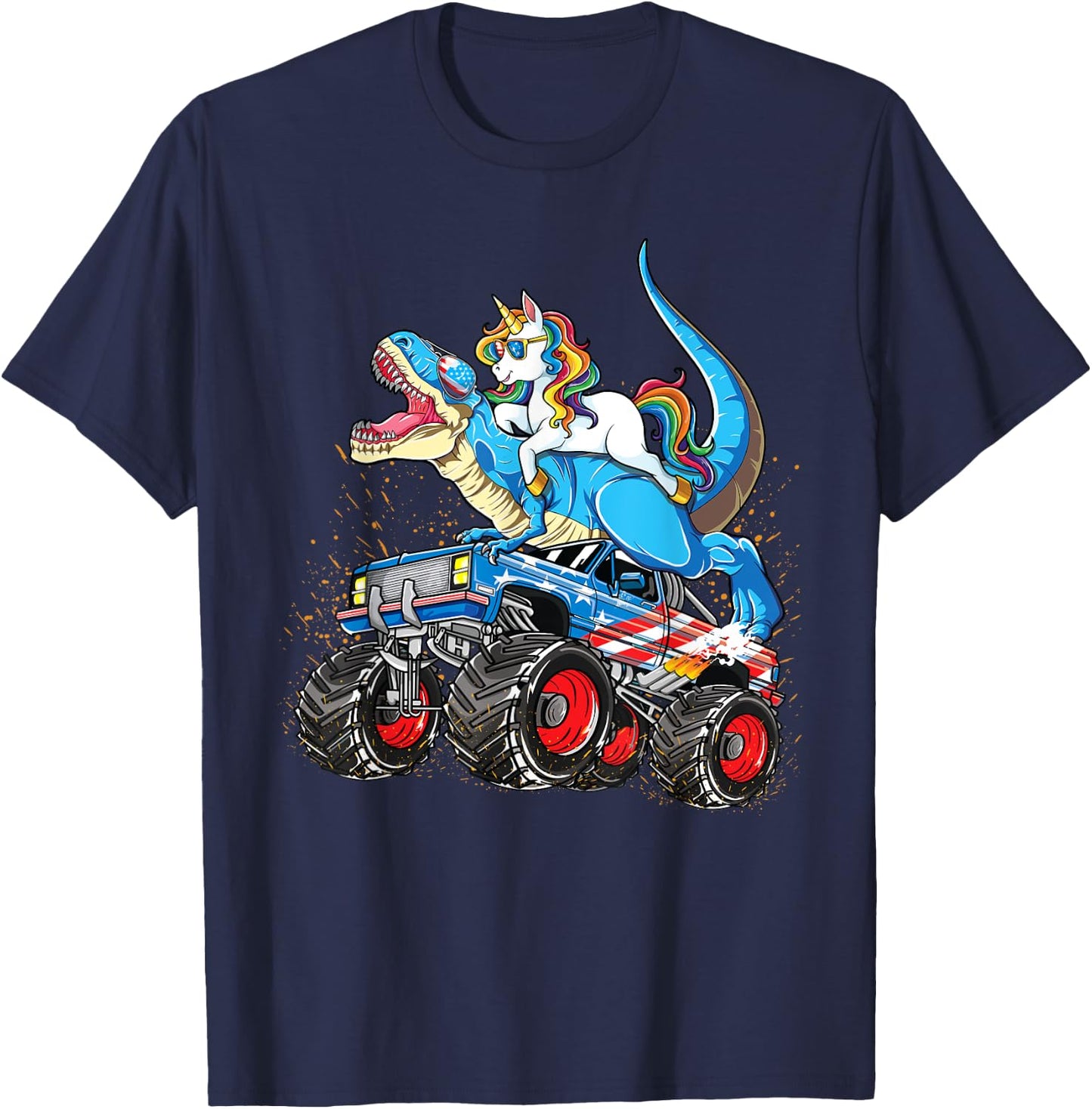 Unicorn Riding T rex Monster Truck Boys Girls Unicorn T-Shirt - T-Shirt | Navy