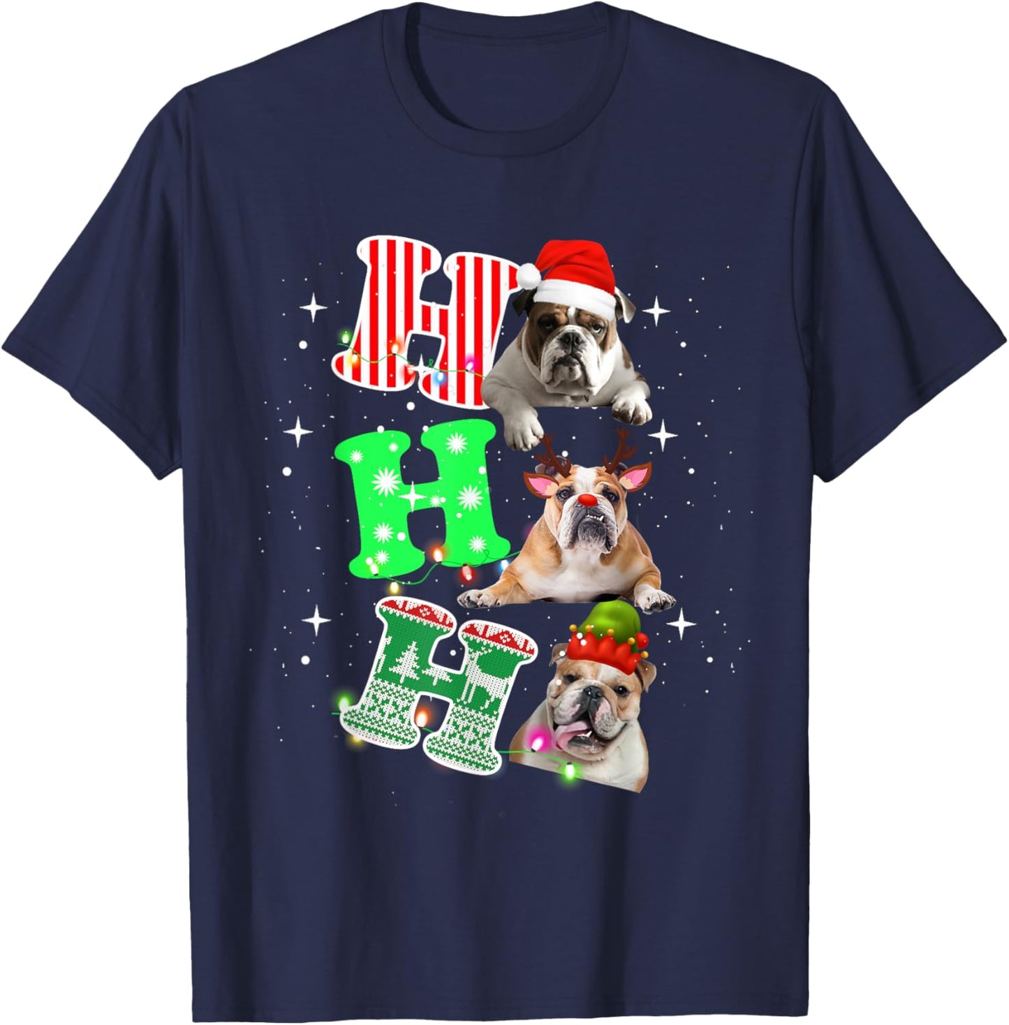 Ho Ho Ho English Bulldog Santa reindeer Christmas Men Women Kids T-Shirt - T-Shirt | Navy