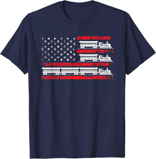 Model Train Patriotic USA Flag Locomotive Model Railroad T-Shirt - T-Shirt | Navy
