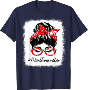 Patient Transport Bleached Messy Bun Appreciation Day T-Shirt - T-Shirt | Navy
