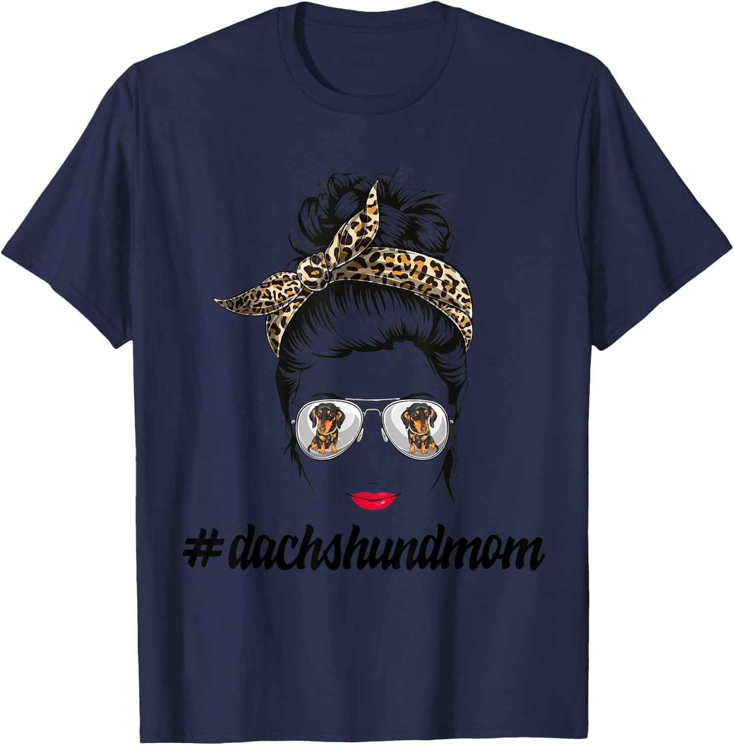 Dachshund Dog Mom Messy Bun Leopard Women Puppy Pet Lover T-Shirt - T-Shirt | Navy