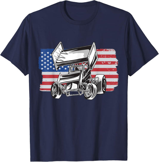 Sprint Car Racing USA Flag T-Shirt - T-Shirt | Navy
