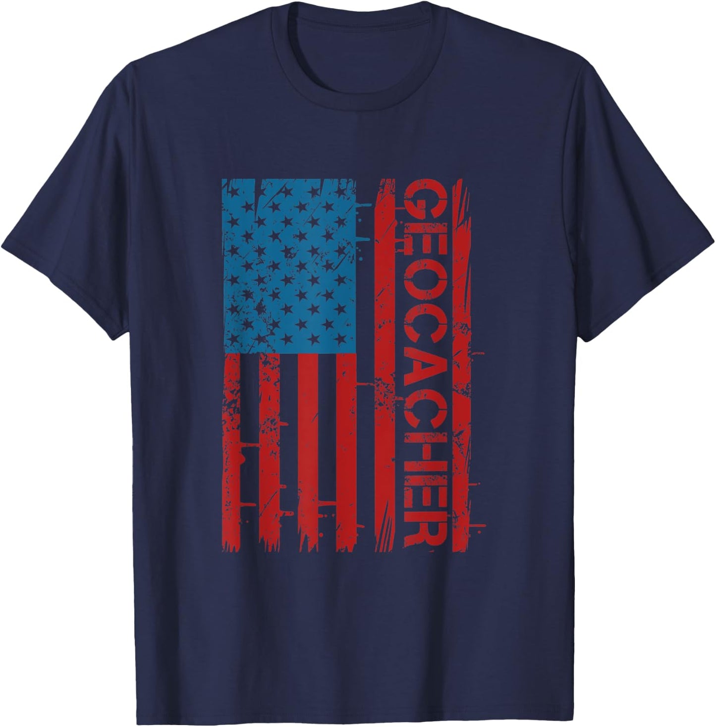 Patriotic American Flag Geocaching Fan For Patriot Geocacher Women Men T-Shirt - T-Shirt | Navy