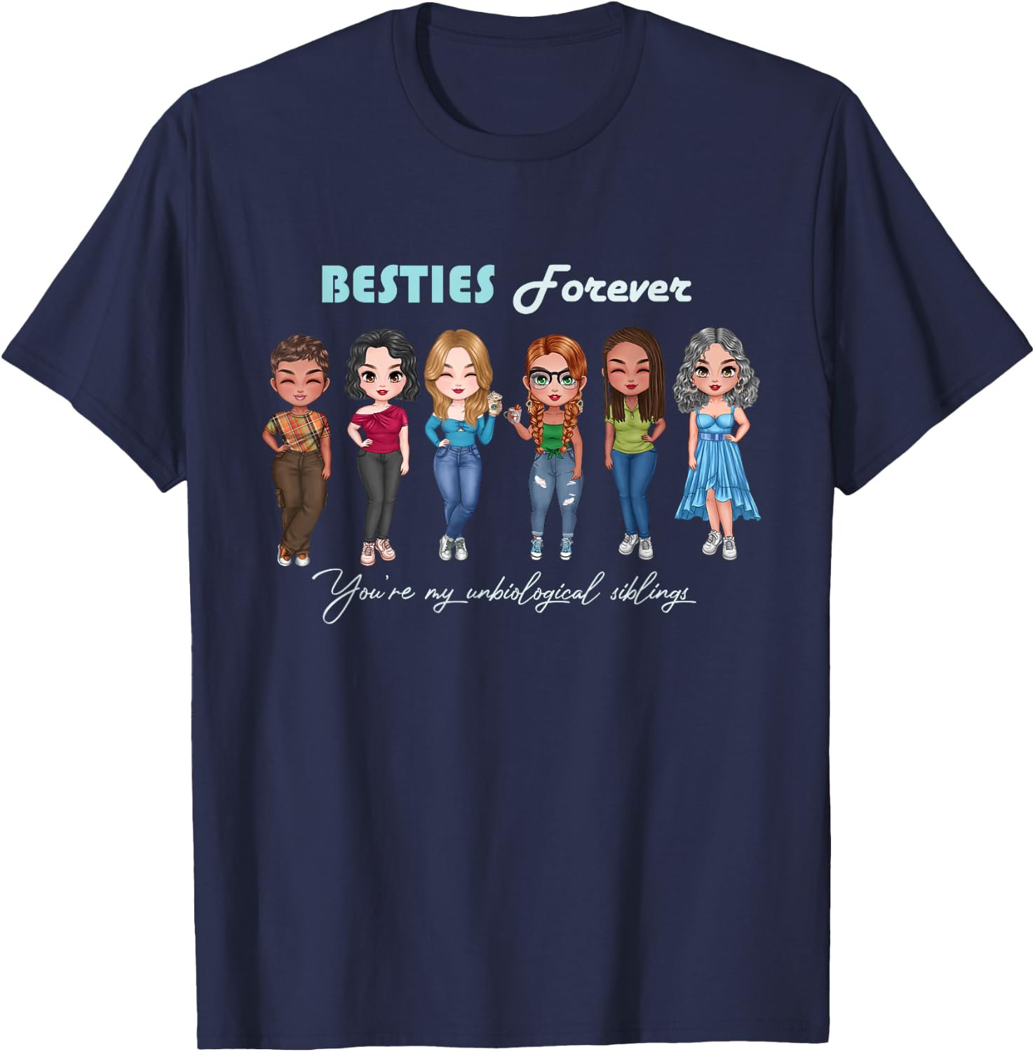 Unbiological Siblings, Sisters, Best Friends, Chibi Besties T-Shirt - T-Shirt | Navy
