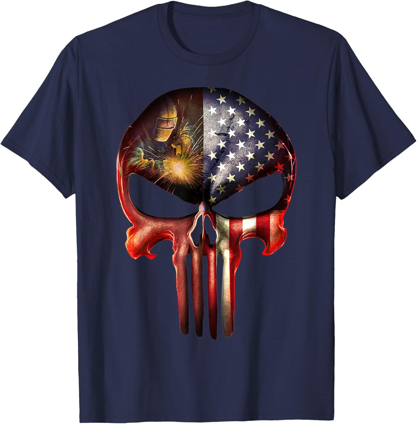 Welder American Flag Black Skull Patriotic Men's T-Shirt - T-Shirt | Navy