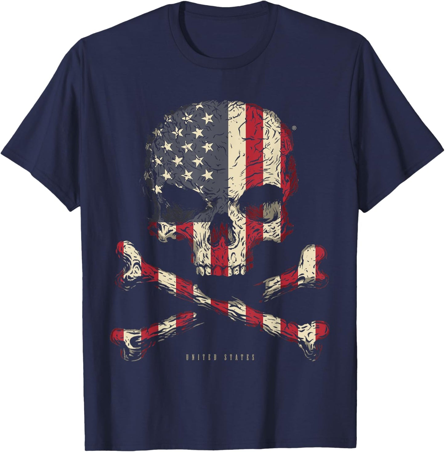 SKULL CROSSBONES UNITED STATES Flag Skeleton American Heart T-Shirt - T-Shirt | Navy