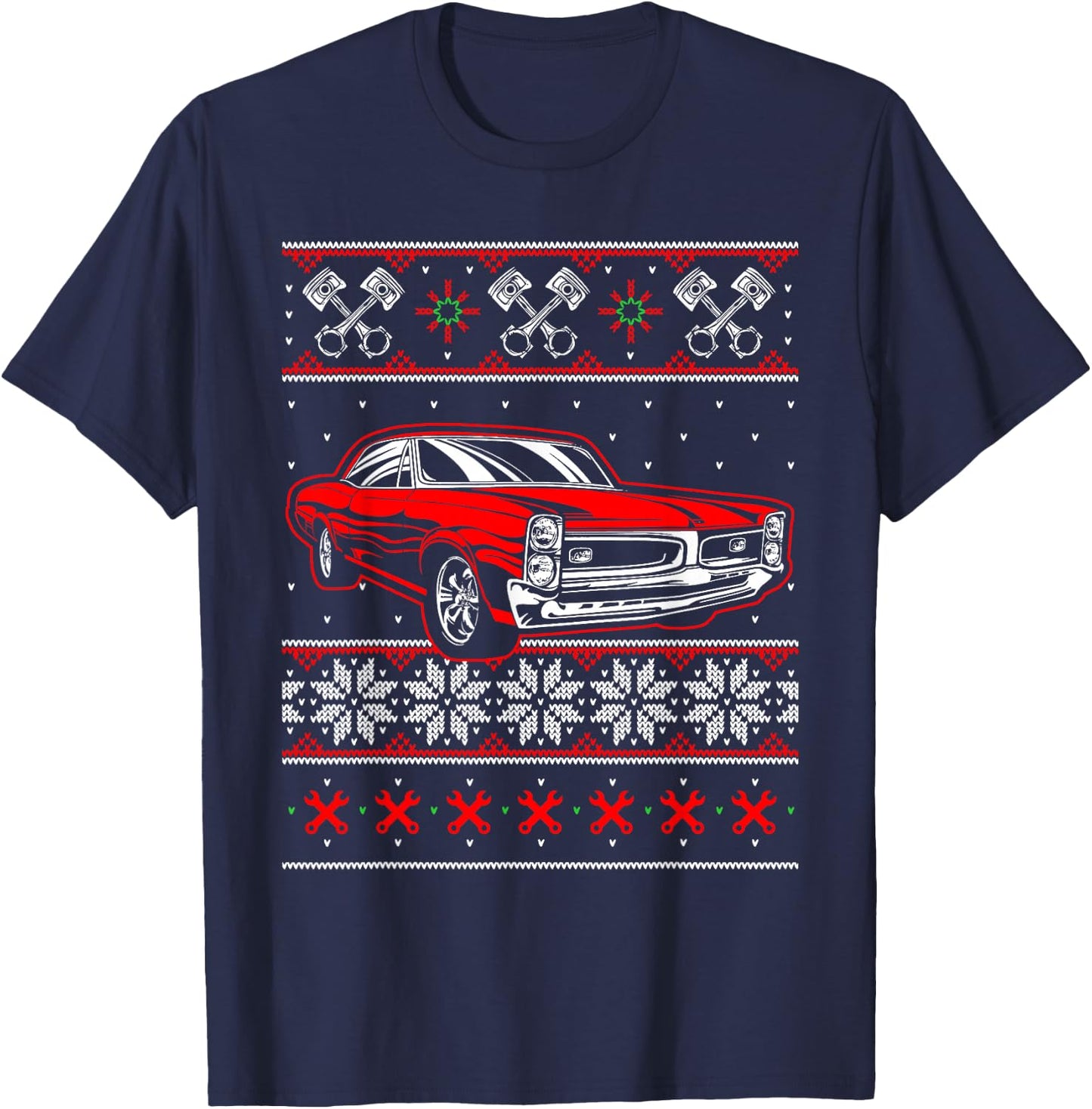 Mechanics Ugly Christmas Sweater Style Muscle Car T-Shirt - T-Shirt | Navy