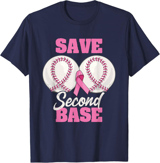 Save Second 2nd Base Funny Baseball Breast Cancer Awareness T-Shirt - T-Shirt | Navy