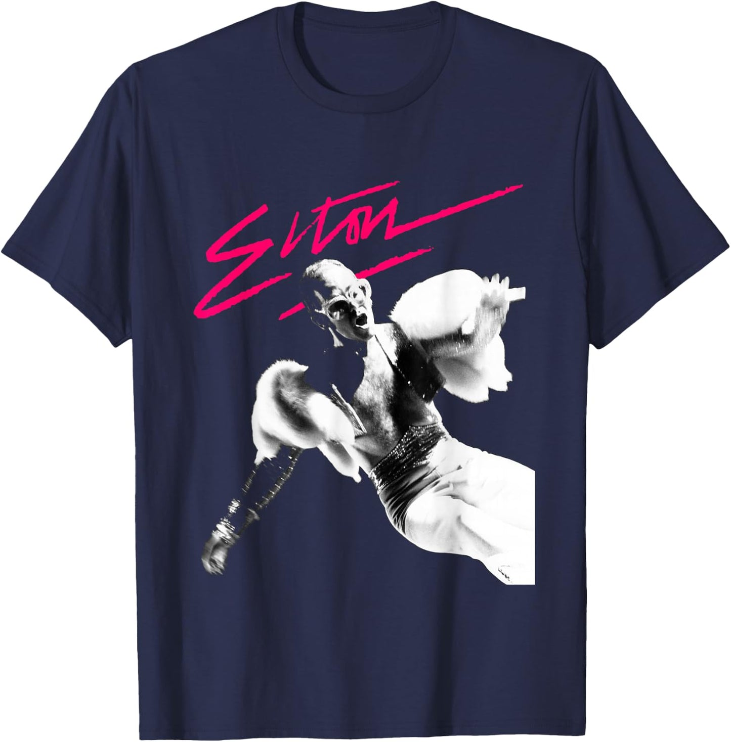 Elton John Official Pink Brush Photo T-Shirt - T-Shirt | Navy