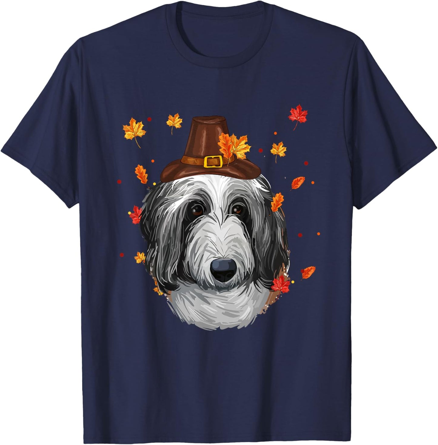 English Sheepdog Dog Pilgrim Hat Fall Happy Thanksgiving Day Women Girls Kids T-Shirt - T-Shirt | Navy