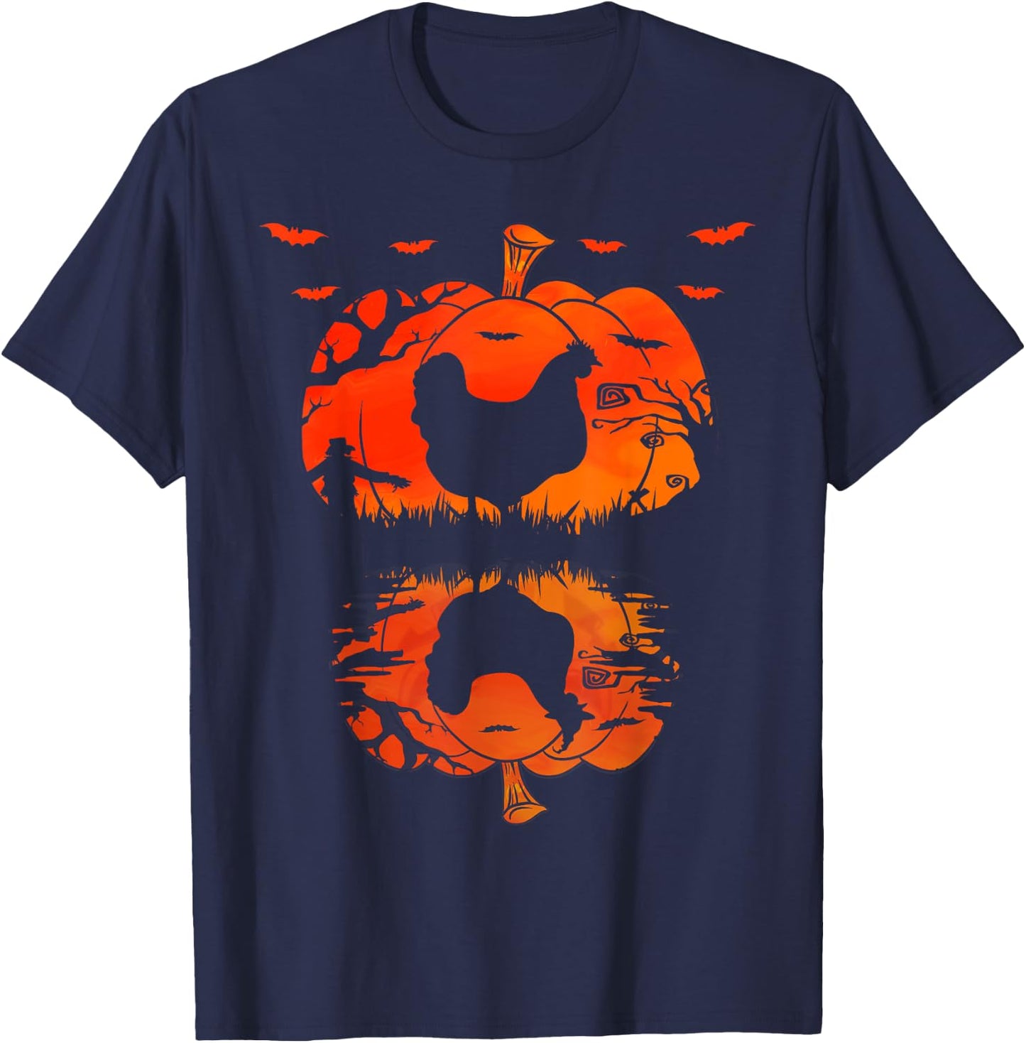 Chicken Silhouette Pumpkin Halloween Funny Chicken Witch T-Shirt - T-Shirt | Navy