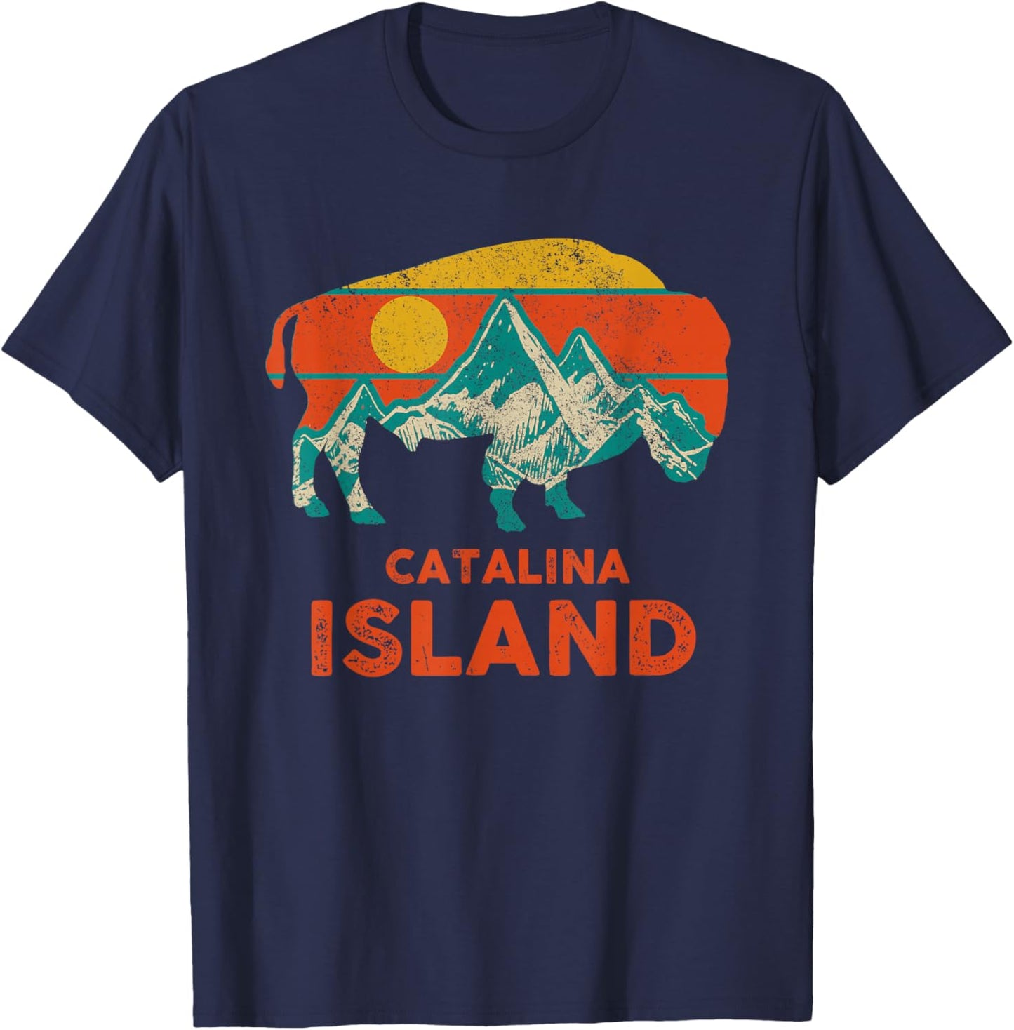 Catalina Island Vintage Bison Buffalo America Souvenir T-Shirt - T-Shirt | Navy