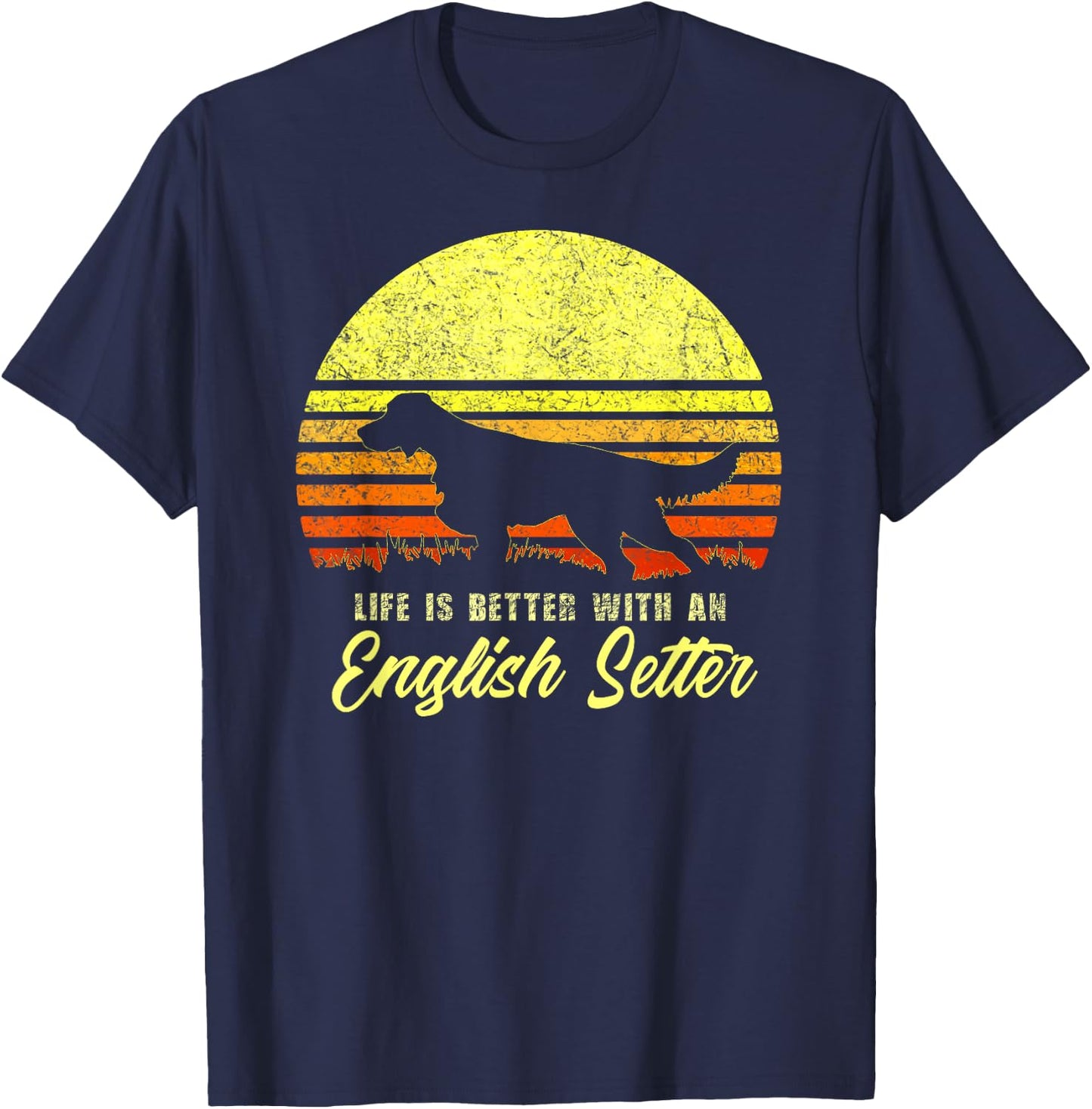 English Setter Hunting Bird Dog Lover Vintage Retro Sun Gift Men Women Kids T-Shirt - T-Shirt | Navy
