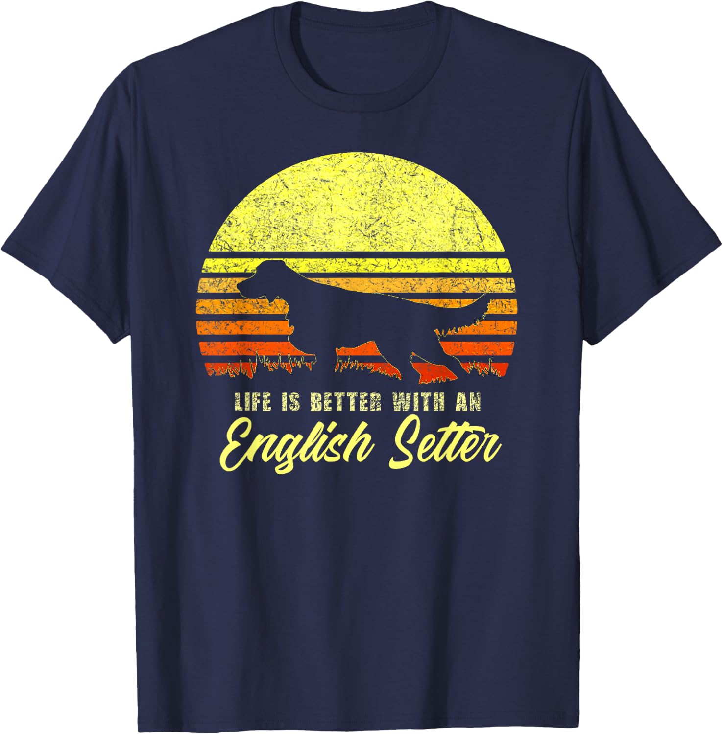 English Setter Hunting Bird Dog Lover Vintage Retro Sun Gift Men Women Kids T-Shirt - T-Shirt | Navy