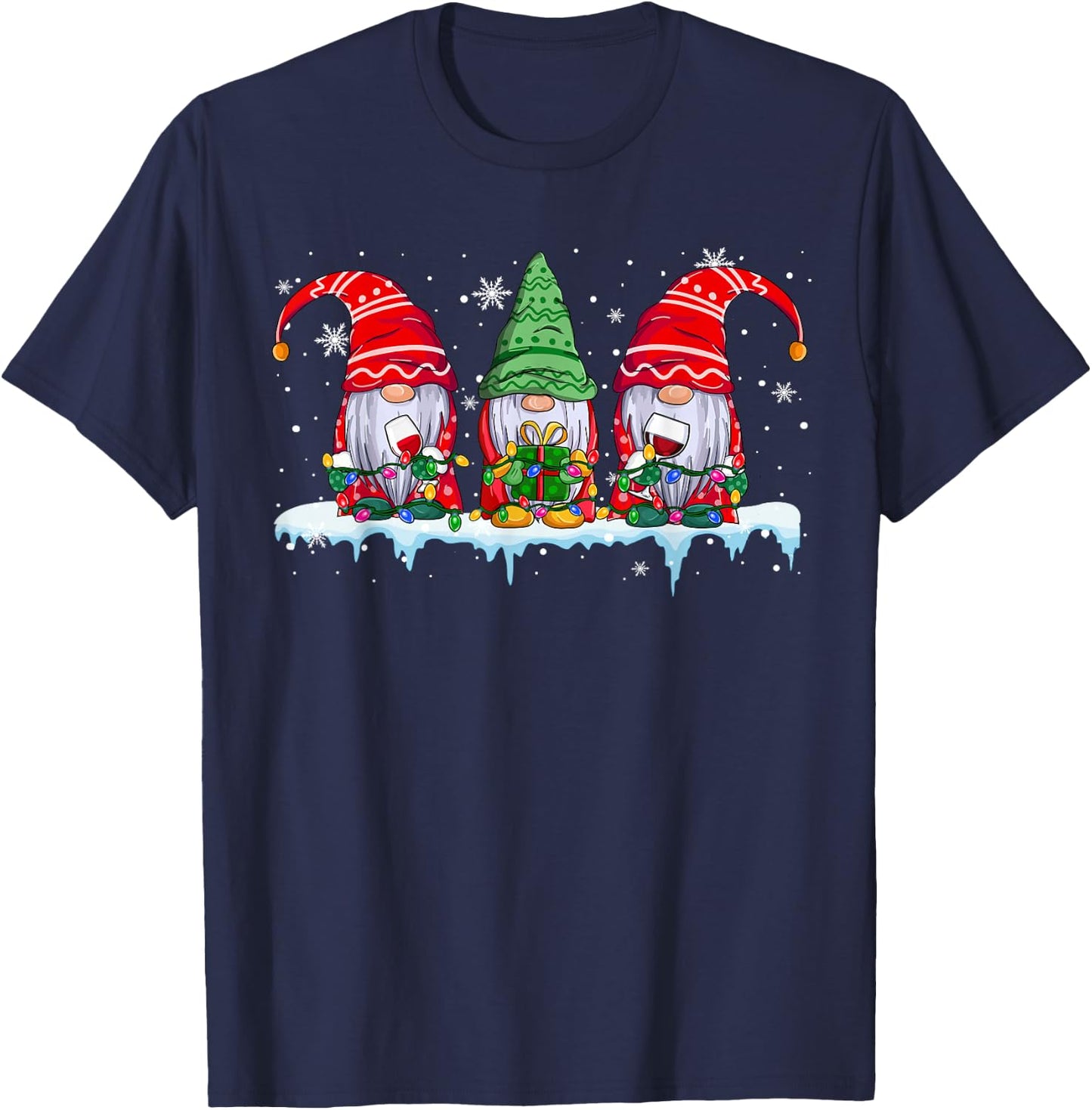 Three Gnomes Drinking Wine Funny Xmas Lights Gnome Wine T-Shirt - T-Shirt | Navy