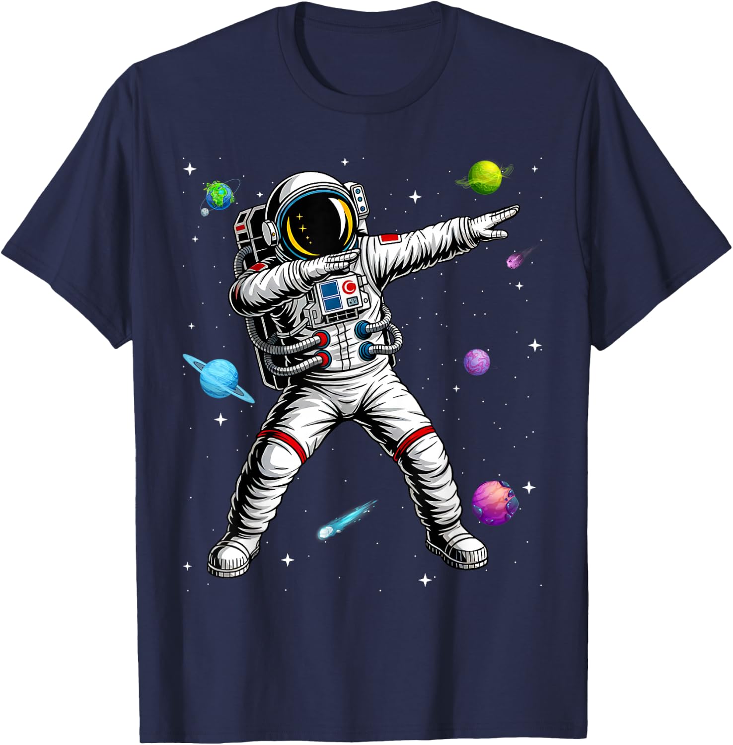 Astronaut Dabbing Planets Science Space T-Shirt - T-Shirt | Navy