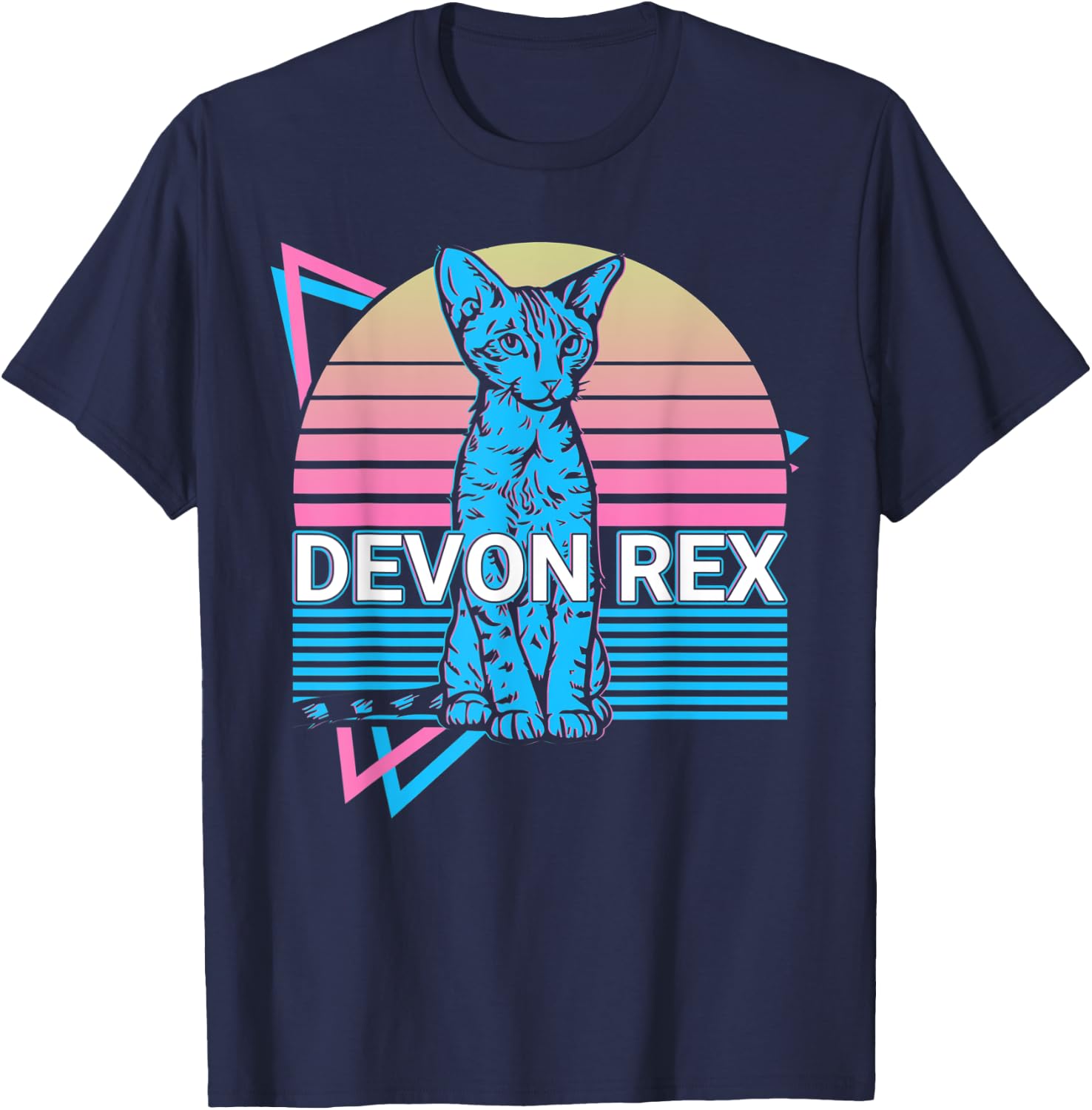 Devon Rex Cat Retro T-Shirt - T-Shirt | Navy