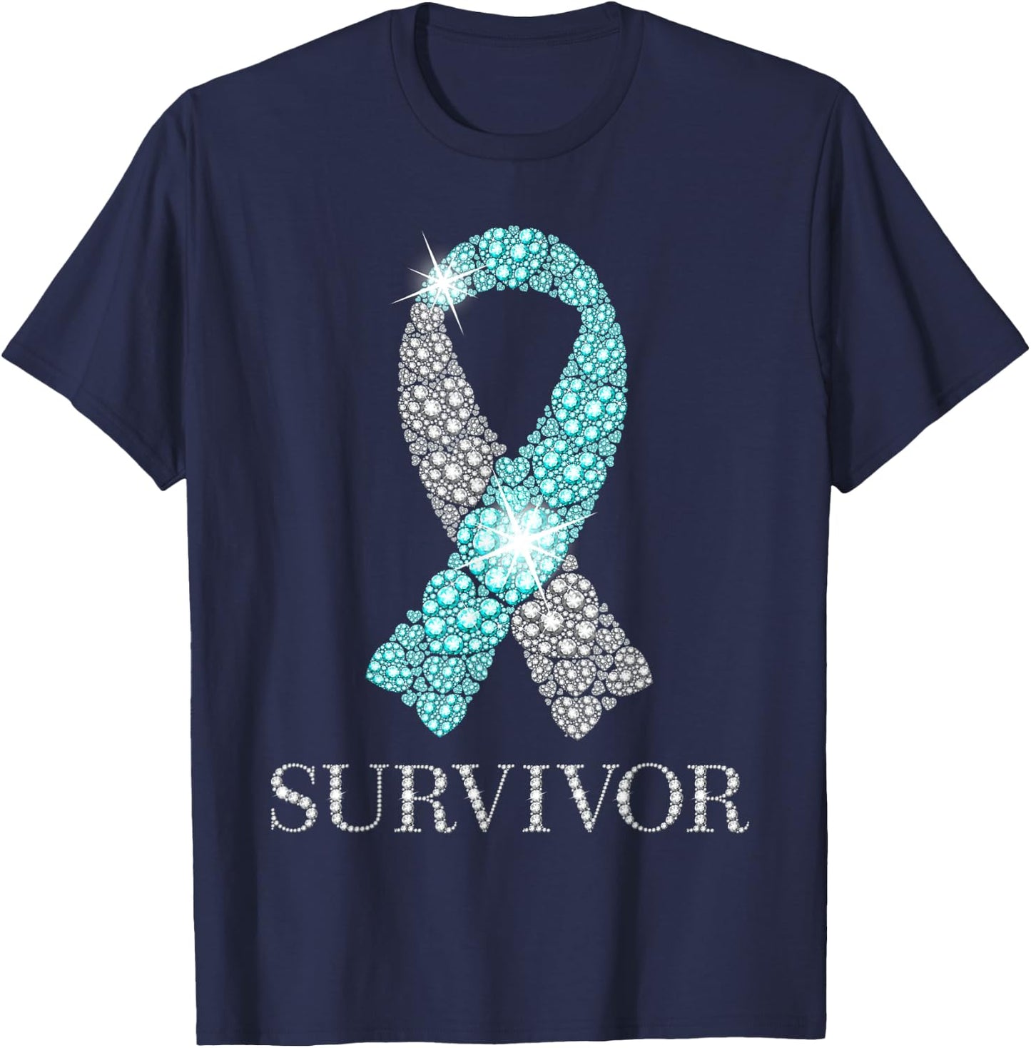 Cervical Cancer Survivor Teal & White Ribbon Awareness T-Shirt - T-Shirt | Navy