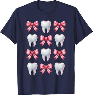 Cute Pink Coquette Bow Teeth Dentist Squad Dental Assistant T-Shirt - T-Shirt | Navy