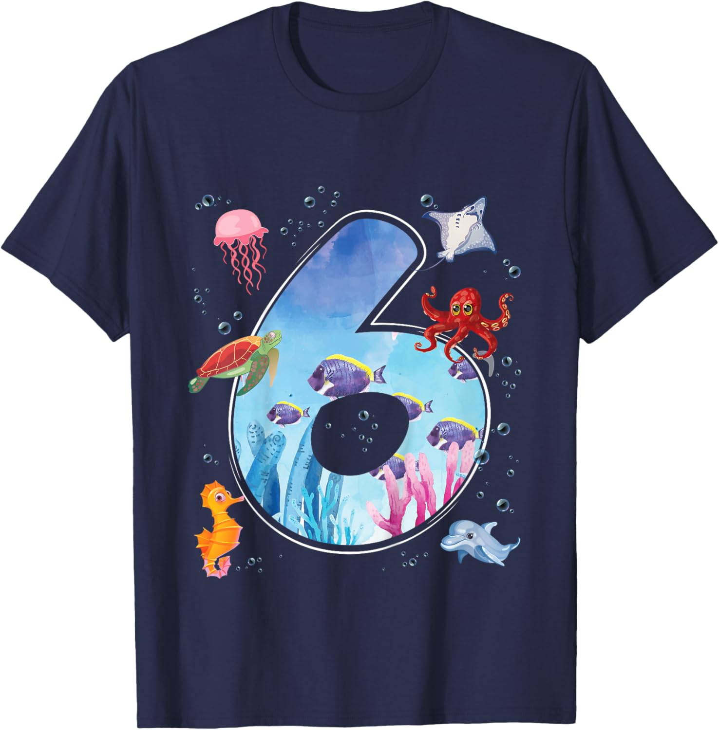Kids 6th Birthday Party Ocean 6 Year Old Sea Fish Aquarium Boy T-Shirt - T-Shirt | Navy
